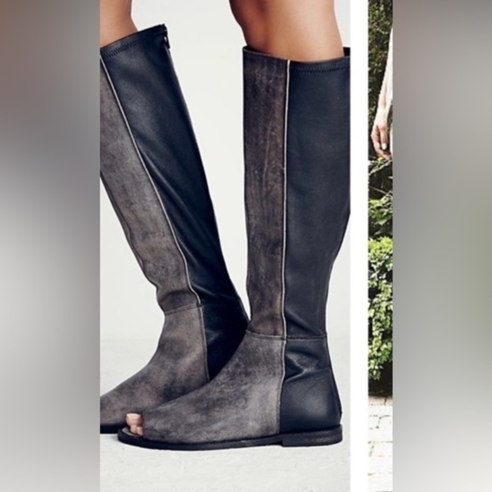 Charcoal Open-Toe Knee-High Boots